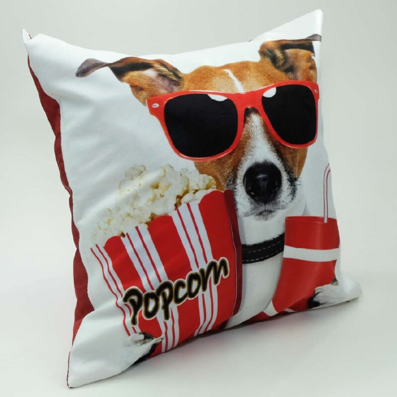 FUNDA DE COJÍN MODELO PERRO CON POPCORN Y VASO